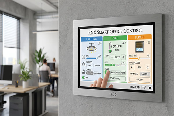 A control panel showing KNX integrating lighting, HVAC, and blinds